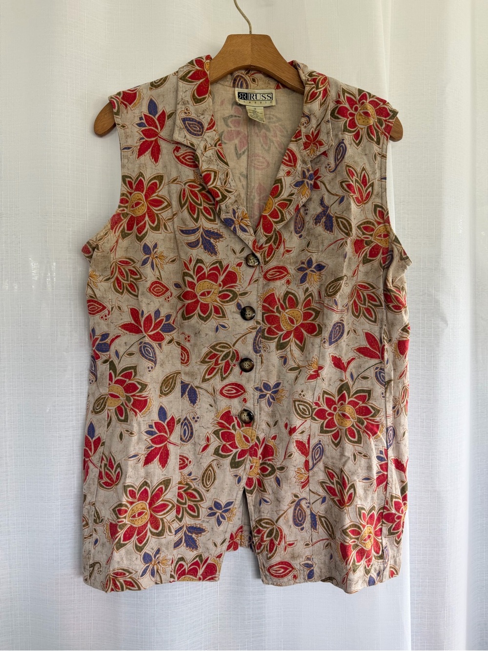 Vintage Linen Blend Floral Vest Size 12 90s Boho Artsy Lagenlook Top